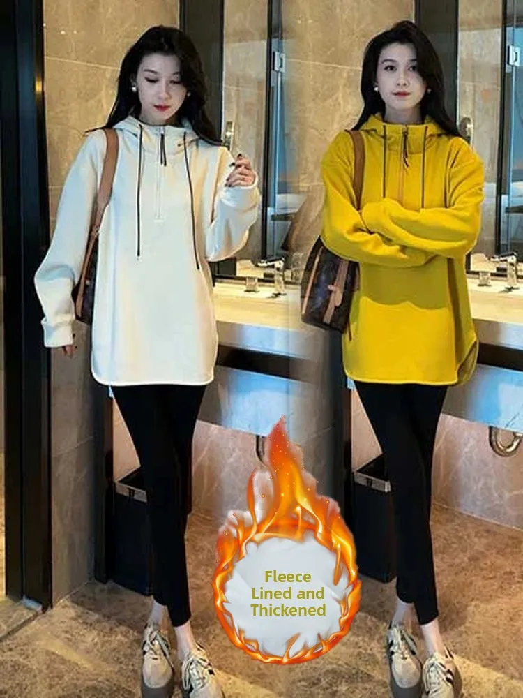 

Женская утепленная толстовка на флисовой подкладке с капюшоном, повседневная, зимняя, модный дизайн, на молнии, универсальная, средней длины