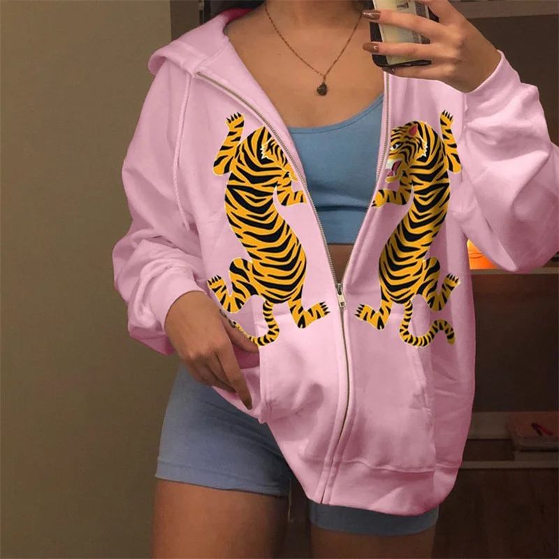 Hirigin Frauen Reiß verschluss Hoodies Tiger/Snake Print lose Langarm Kapuzen pullover Jacken mit Tasche für Herbst Streetwear 2024