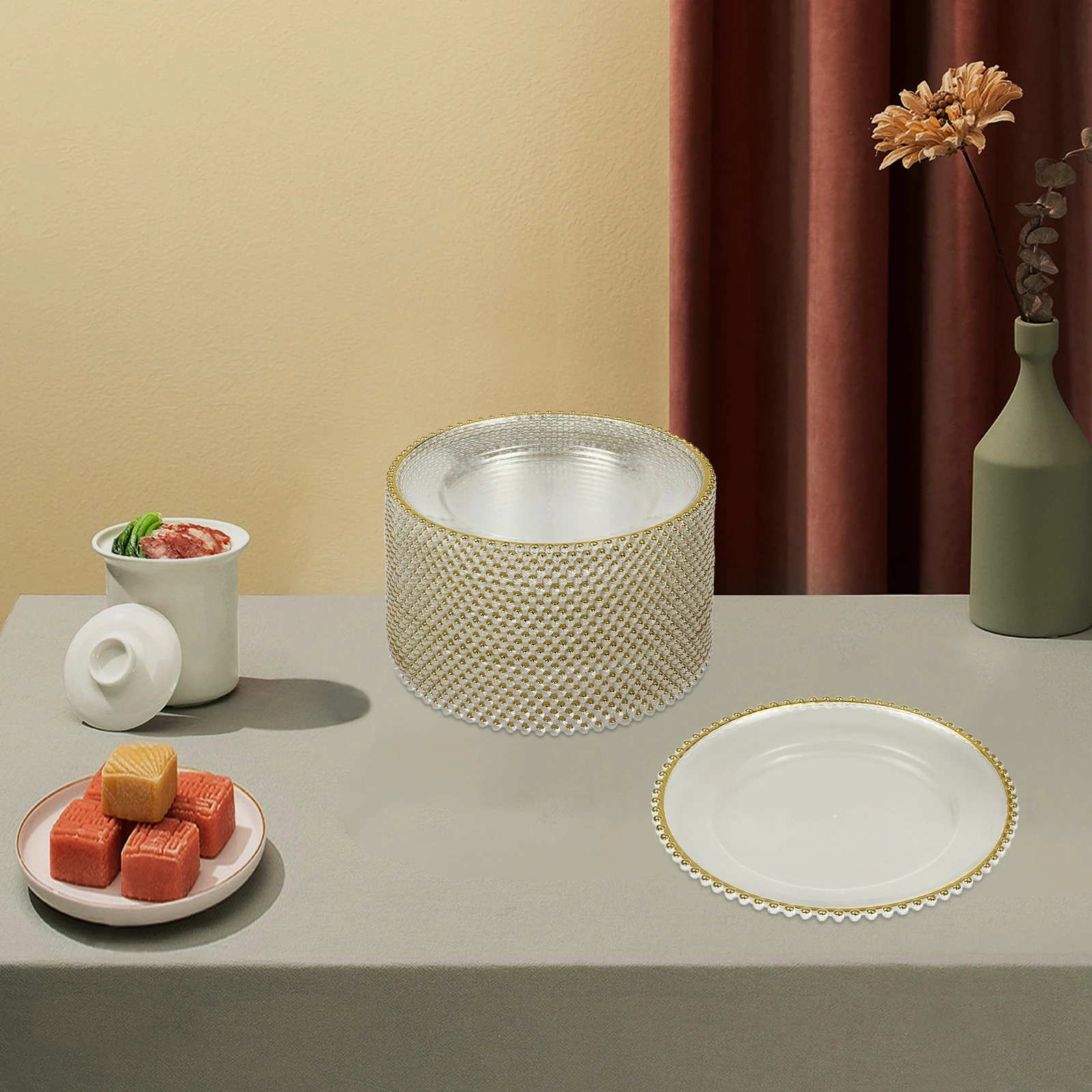 

25 Pack of 32cm Plastic Western Food Plates with Transparent Gold Thread Beads PS Material Stackable Easy Clean & Store