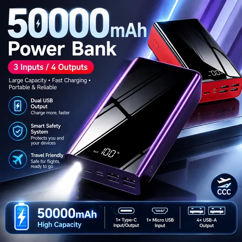2027 2027 New Power Bank 50000mAh 30000mAh 20000mAh 10000mAh for iPhone Android Phone High Quality Large Capacity Mobile - Aliexpress Deal