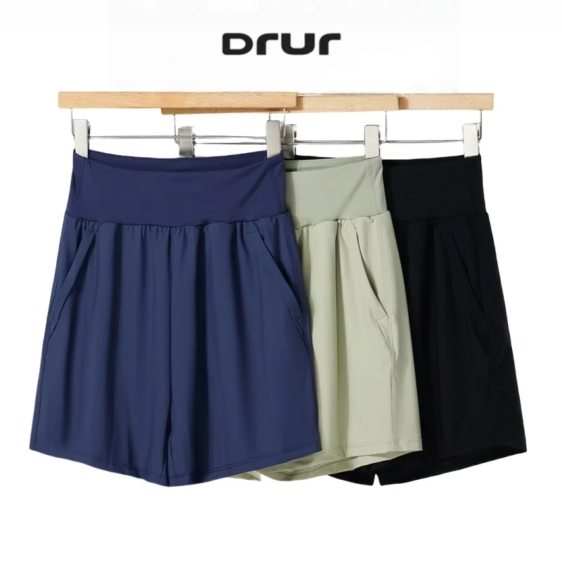 DRUR Running Shorts Woman Summer High Elastic Waist Sports Shorts With Pockets Female Fitness Short Pants Gym Clothes Sportswear