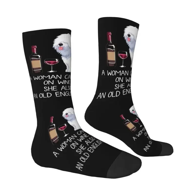 Funny Wine And Old English Sheepdog Male Dress Sock Men's Women's Breathable Fashion Novelty Dog Lover Crew Socks