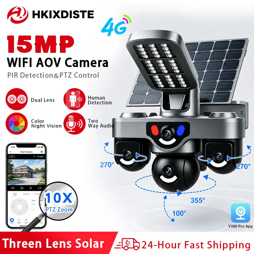 15MP Solar 4G-Karten-PTZ-Sicherheitskamera mit drei Objektiven, AOV-Überwachungskamera für den Außenbereich, PIR-Erkennung 355 °   Rotationsfunktion mit eingebautem 12000mAh-Akku