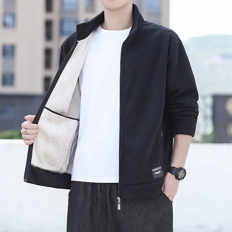 

Мужская куртка из флиса премиум-класса, двухслойное пальто с капюшоном и воротником-стойкой, облегающая свободная повседневная одежда на осень-зиму