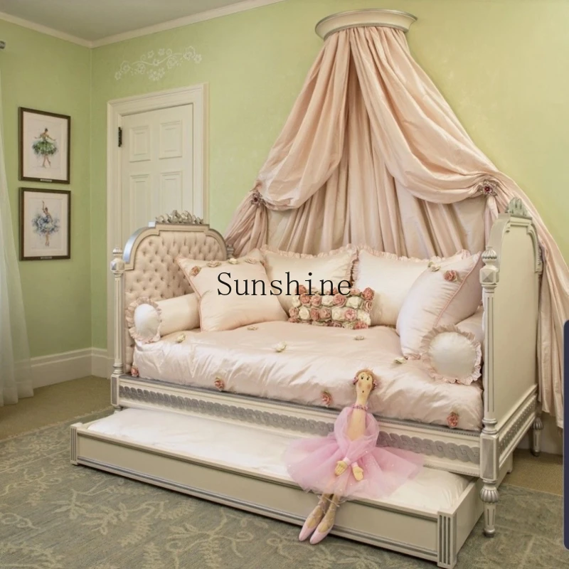 

American carved solid wood children's fabric storage single bed