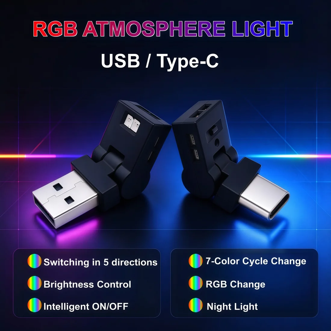 USB TYPE-C Atmosphere Lights LED RGB Car Ambient Light Lighting Night Light Portable Colorful Auto Interior Neon Decorative Lamp
