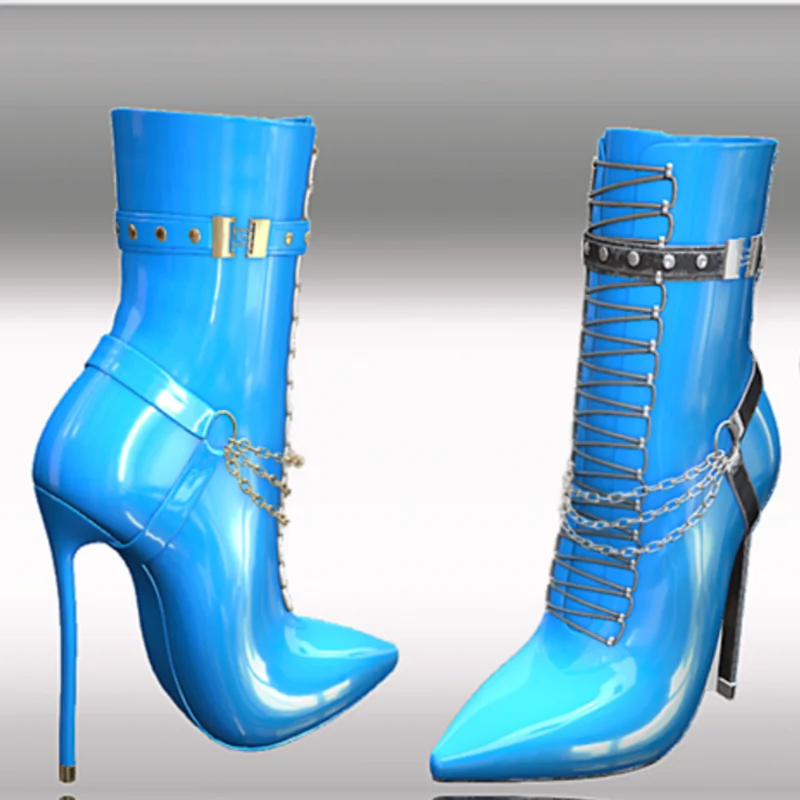 

Blue Lace Up Mid Calf Leather Boots Thin High Heel Pointed Toe Fashion Sexy 2024 Winter Big Size Woman Shoes Zapatillas Mujer