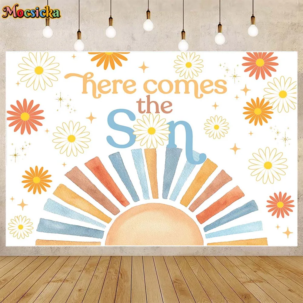 

Mocsicka Baby Shower Backdrop Daisy Boy Welcome Party Decoration Here Comes The Son Newborn Background Banner Photo Studio Props