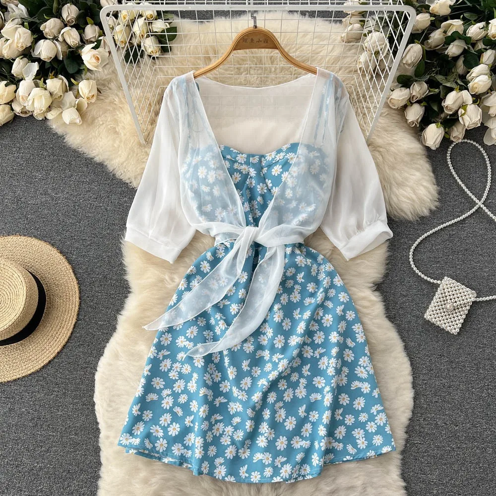 YuooMuoo Floral Print Two Piece Dress Women 2024 Summer Slim Fitness Straps Mini Dress + Shawl Vacation Fashion Beach Outfits