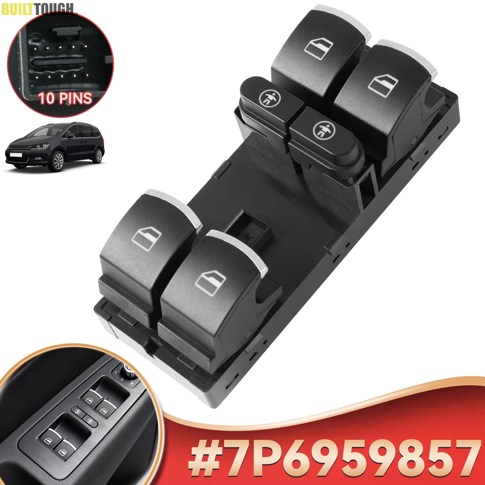 For VW Touran Sharan 2011-2016 Touareg Seat Alhambra 2011-2016 Chrome Electric Front Master Power Window Switch Button 7P6959857