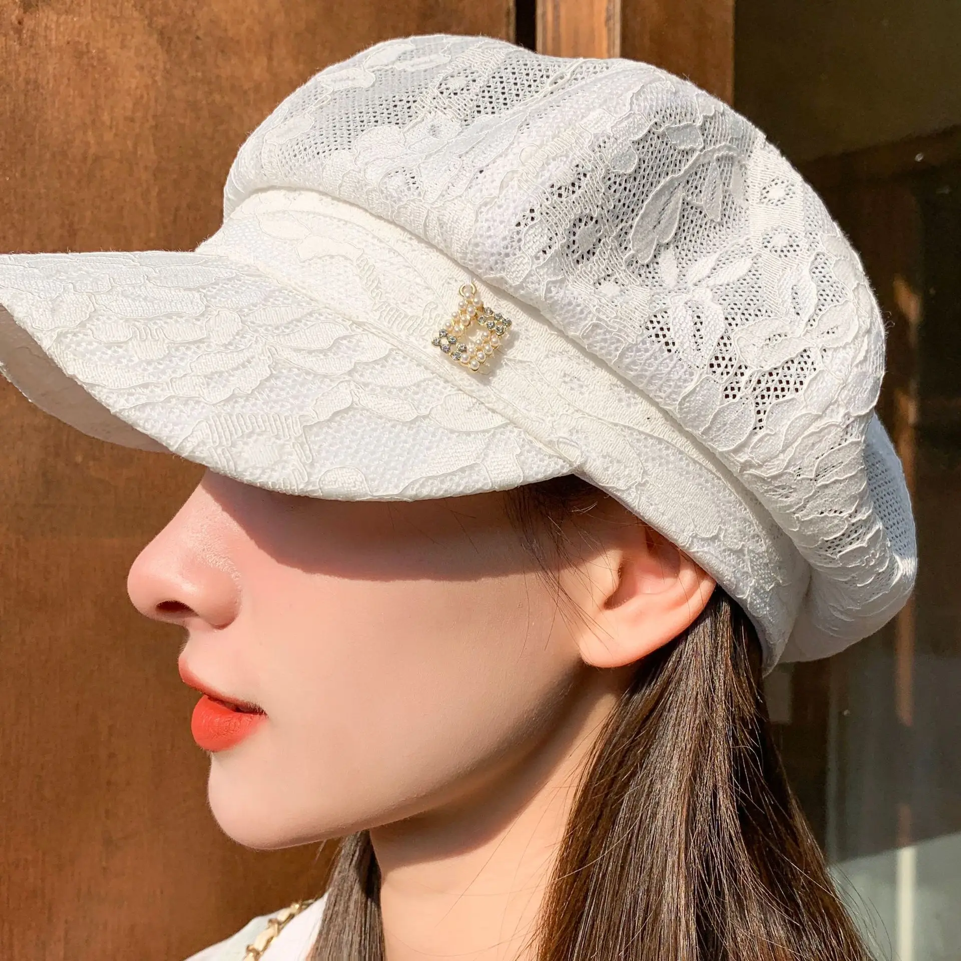 Women\'s Summer Hollow Lace Octagonal Cap Mesh Breathable Sunscreen Sun Hat Travel Holiday Sun Hat Street Shopping Painter Hat