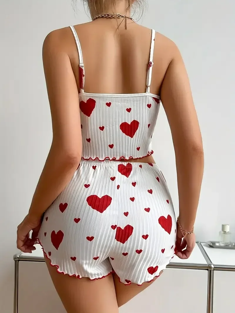 2025 Sexy Sleepwear Women Pajamas Set Heart Print  Stain V-Neck Sleeveless Casual Cami Top and Shorts Sets Home Suit Loungewear