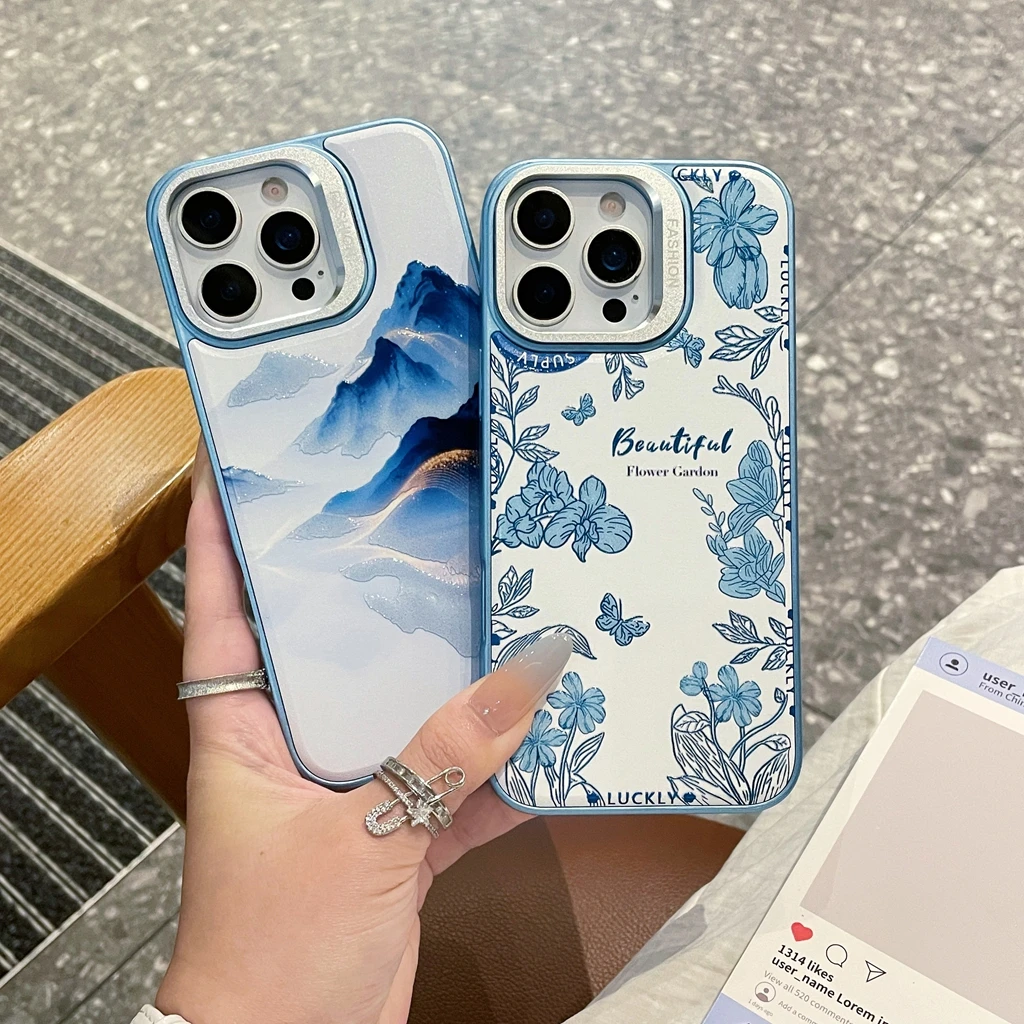 

Fresh Blue Ink Wash Style Mountain Flowers With Holder Magnetic Phone Cover Case for iPhone 17 16 15 14 13 Pro Max 17Air