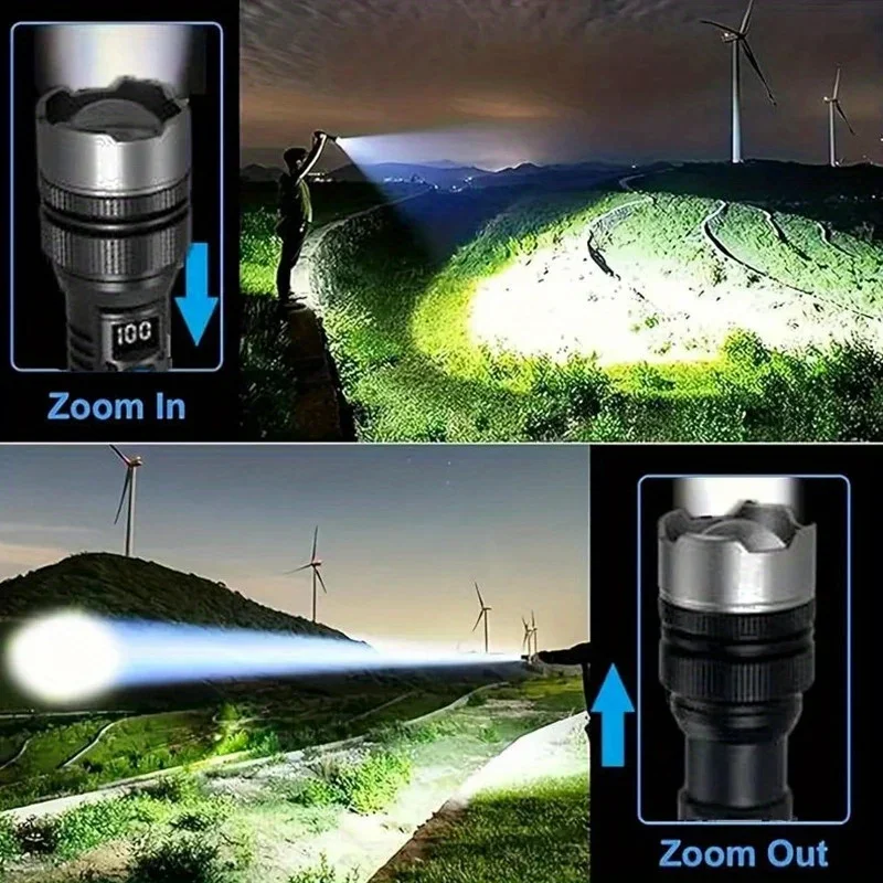 Ultra Bright LED Flashlight Tactical Zoom Torch USB Type-C Rechargeable High-Intensity Emergency Light with Aluminum Lamp Shade