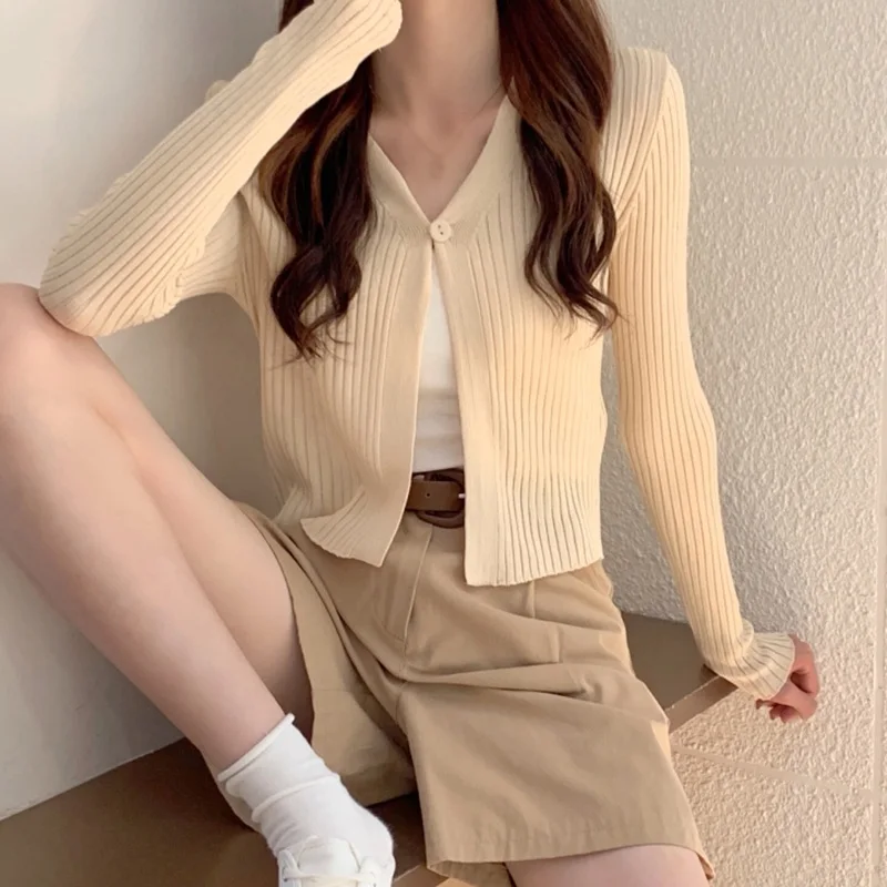 Summer Thin Knitted Cardigan Sun Protection Sweater Casual Solid All-match V-Neck Korean Veresion Long Sleeves One Button Style