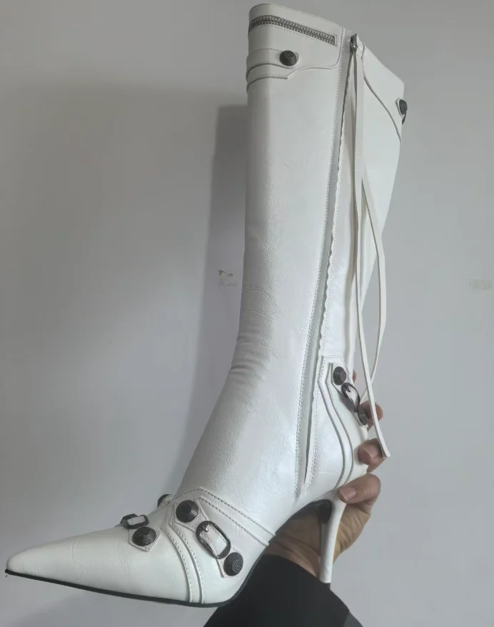 New 2026 Design Knee High Boots Fashion Rivet Pointed Thin Heel Women's Boots Size 34-43 Fashion Hot Girls Denim Model Boots