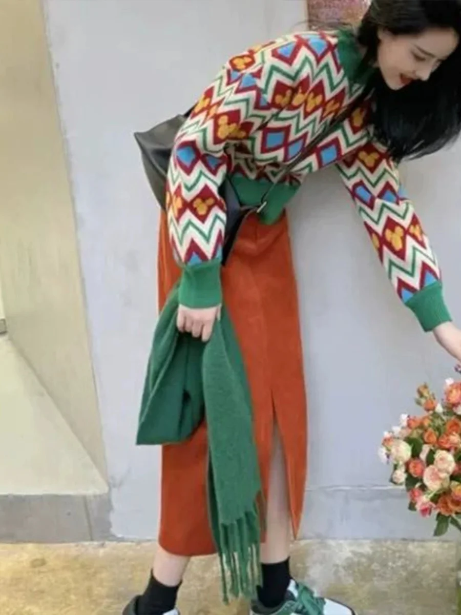 Retro f Rock Set Damen Winter Einzelstück Set Farbe Blo rund Ne Pullover Schlankheits Cord Split Rock Faion Set