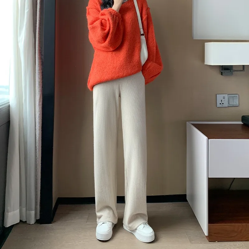 Winter Warm Knit Maternity Wide Leg Pants Trousers For Pregnant Women Wear Loose Solid Color Pregnancy Clothes