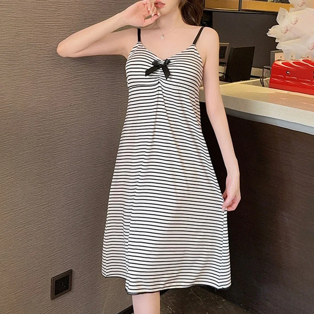 

Womens Classic With Bra Pads Stretch Stripes Breathable Nightdress Fashion Sweet Casual Nightwear Home Wear Pajamas All Seasons