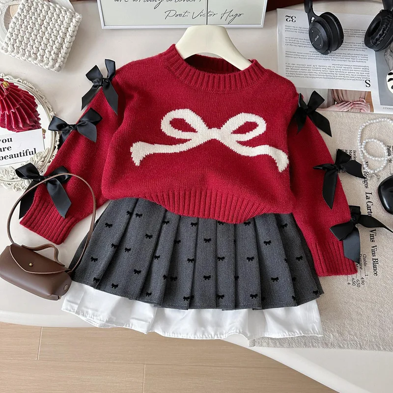 Girls Knitted Clothes Sets Spring Autumn Children Woolen Jersey Sweaters Tops Skirts Princess Dress Suit For Baby Outfits Kids 7