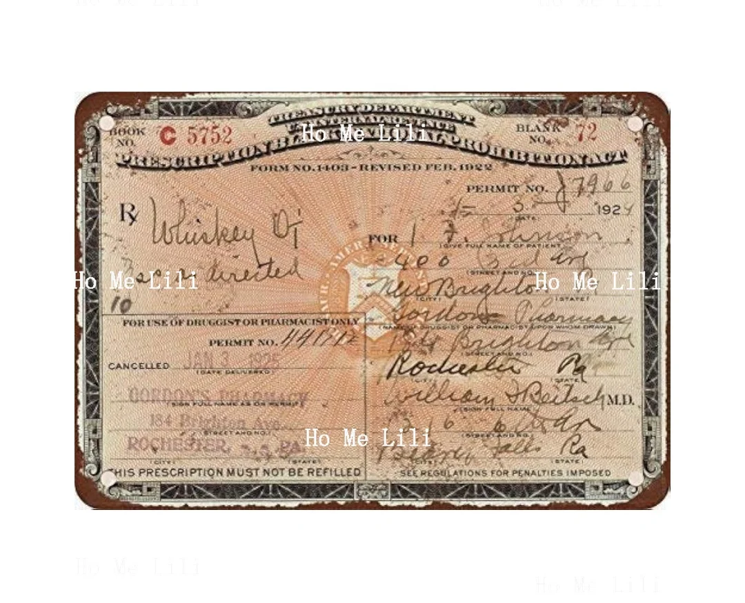 Bar 1924 Prescription For Whiskey During Prohibition Vintage Look Reproduction Metal Tin Sign