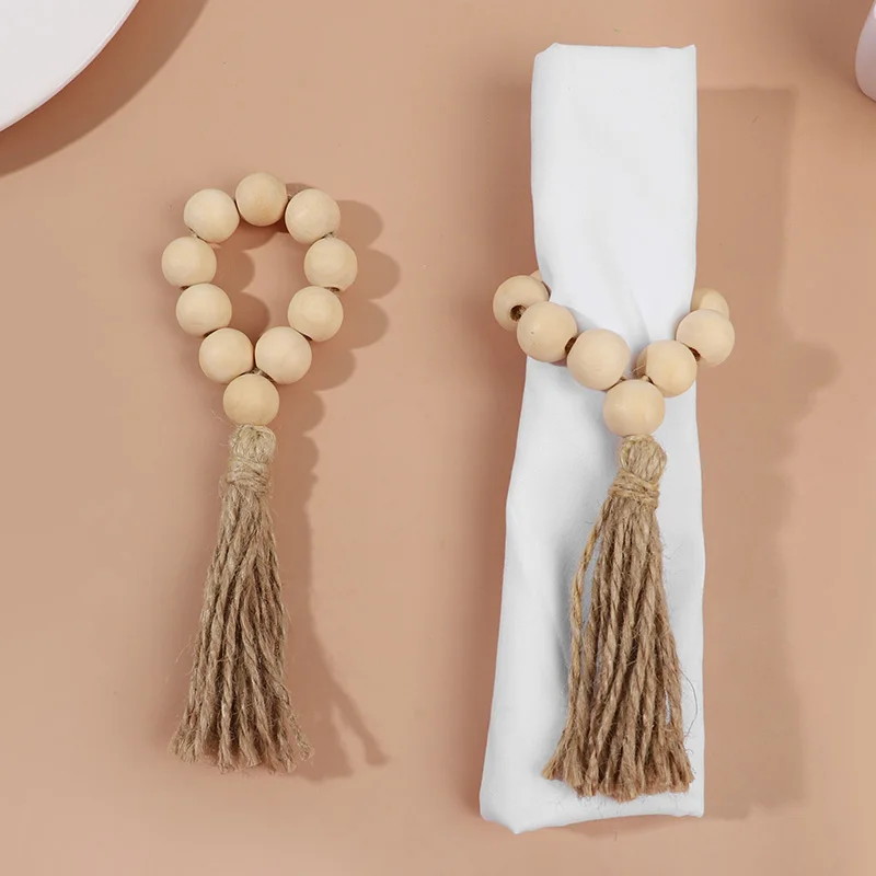 Wooden Beads Napkin Rings with Tassels Boho Rustic Wedding Party Table Napkin Holder Buckles Christmas Home Decoration