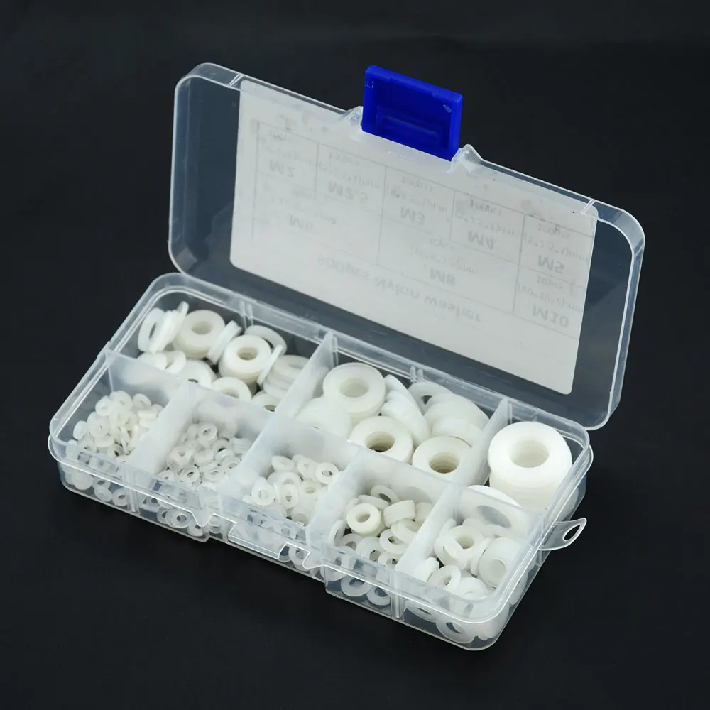 500Pcs/Box M2 M2.5 M3 M4 M5 M6 M8 M10 White Plastic Nylon Washer Flat Spacer Washer Seals Gasket O Ring Assortment Kit