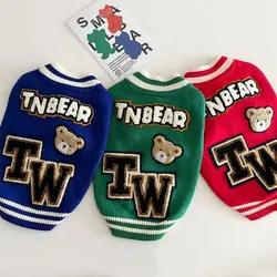 Pet Casual Baseball Suit Dog Knit Autumn Warm Teddy Sweater Letter Embroidery Dog Clothes Popular Open Button Shirt