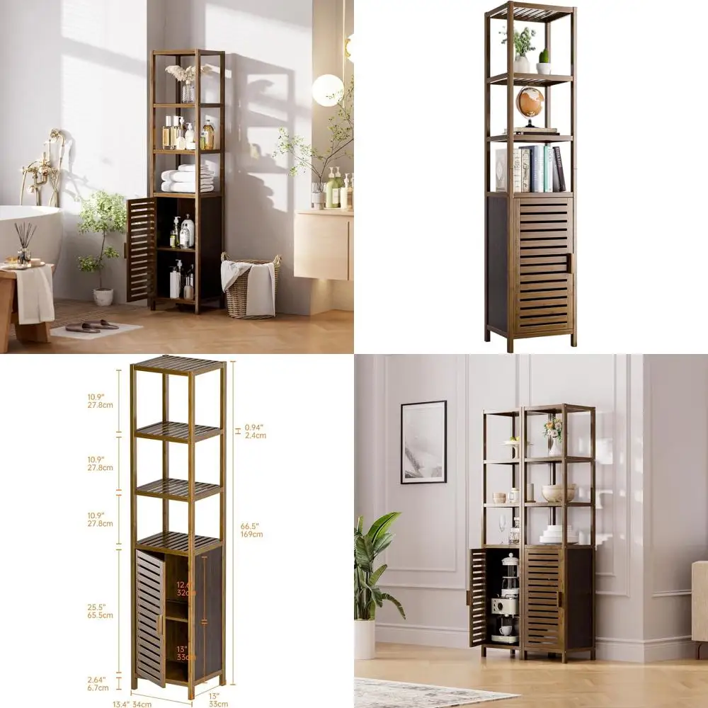 Mobiletto a 6 Ripiani in Bambù e Noce per Stoccaggio Salvaspazio con Ripiani Rimovibili