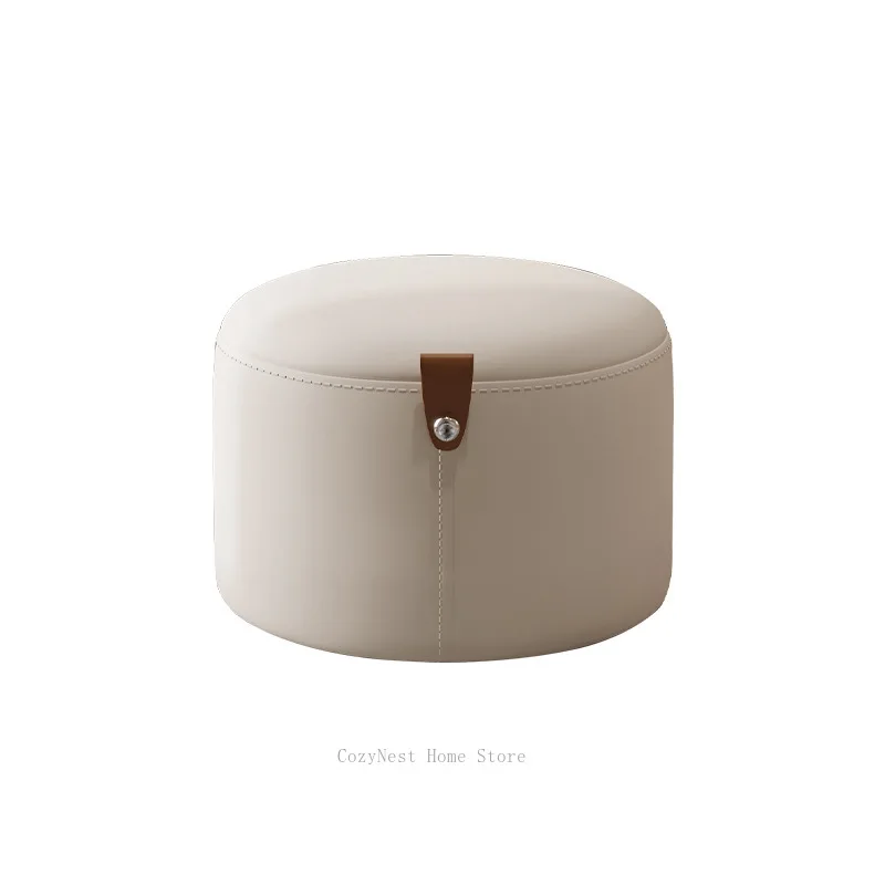 Portable Small Round Stool with Handle, Leather Upholstered Seat, Low Stool for Living Room & Children's Room