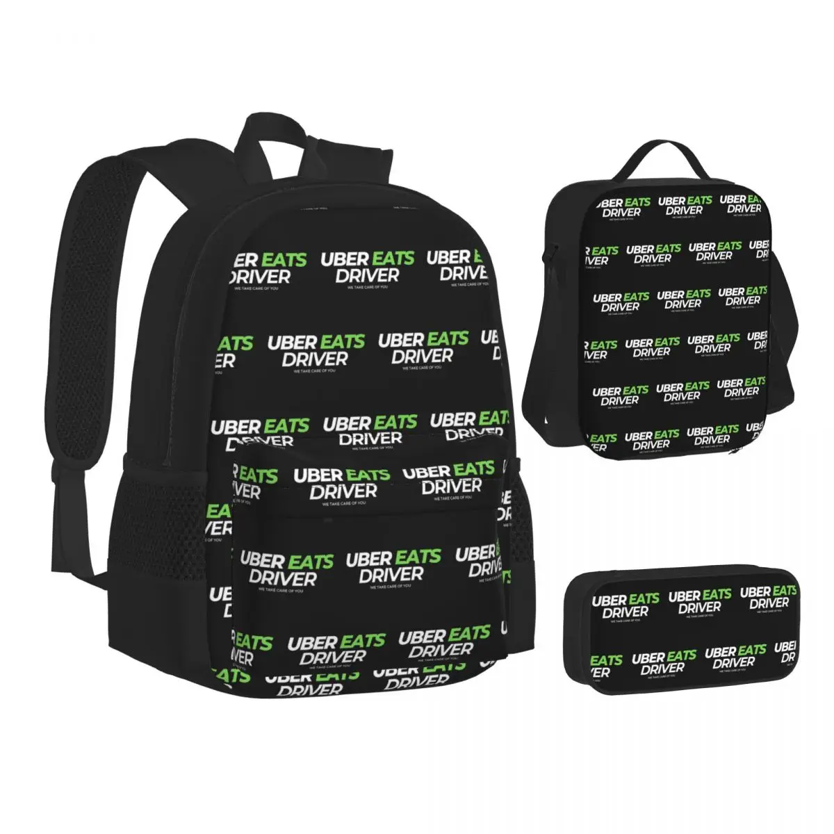 Uber Eats Driver Logo Food Delivery Driver Backpacks Bookbag School Bags Children Rucksack Lunch Bag Pen Bag Three-Piece Set