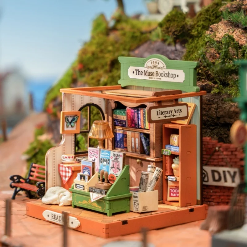 Robotime rolife DIY Miniature House Century Postoffice kit Sea Holiday Restaurant Muse Bookshop  Fancy Tea Yard kit for Adult