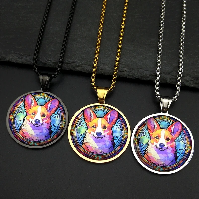 Cute Corgi Dog Pendant Necklace For Men Women Stainless Steel Glass Silver Color Animal Puppy Lover Miss Pet Chain Jewelry Gifts