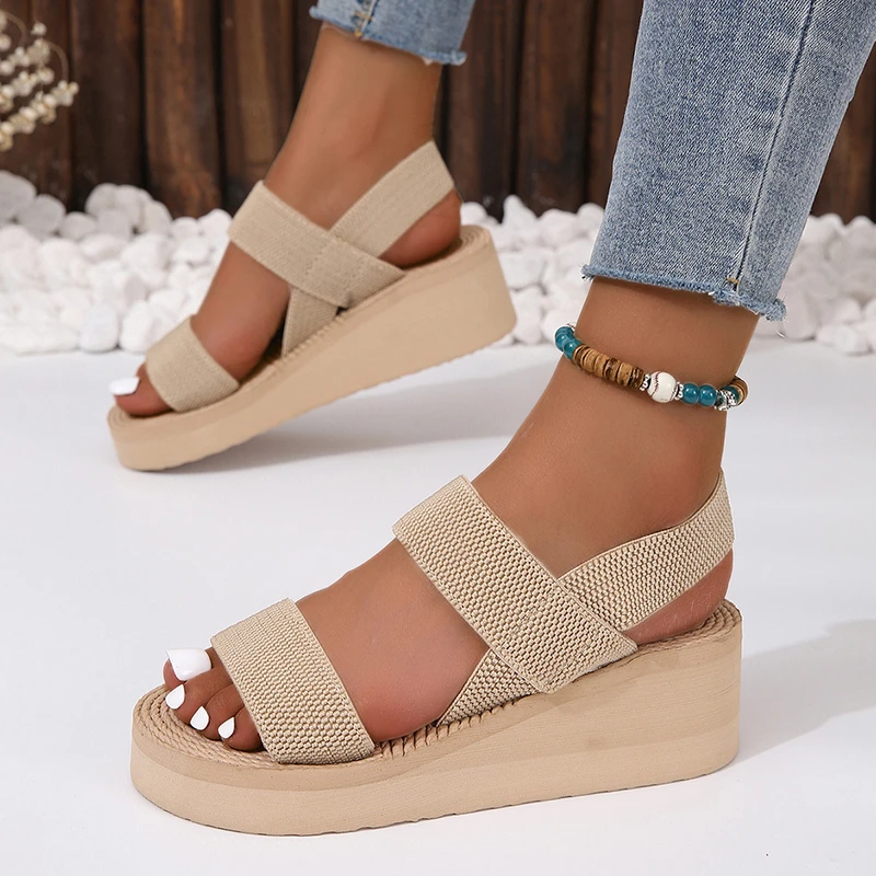 

Women Sandals Fashion Trend Anti Slip Wear-resistant Comfortable Color Blocking Soft Sole Solid Elastic Band Platform Sandals