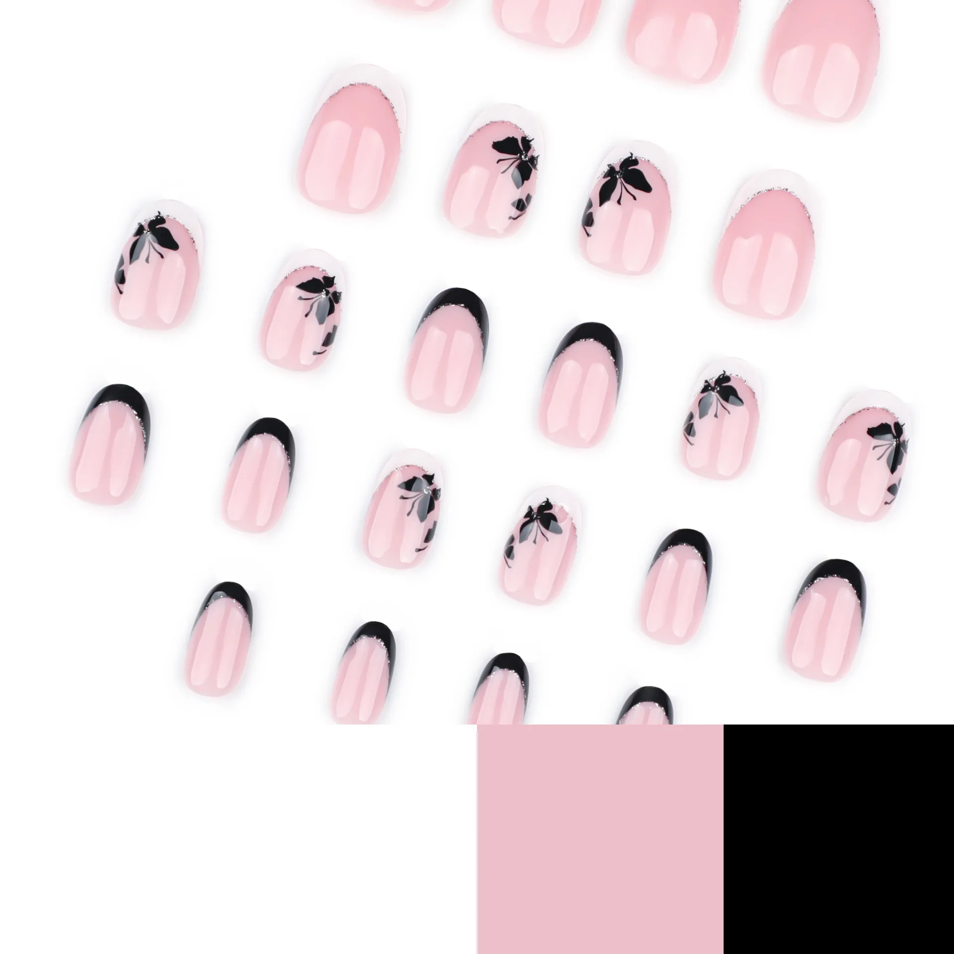 

24PCS Ins Style Classic French Press-On Nails – Short Round Shape with Black Butterfly & White Tips False Nail for Women Girl