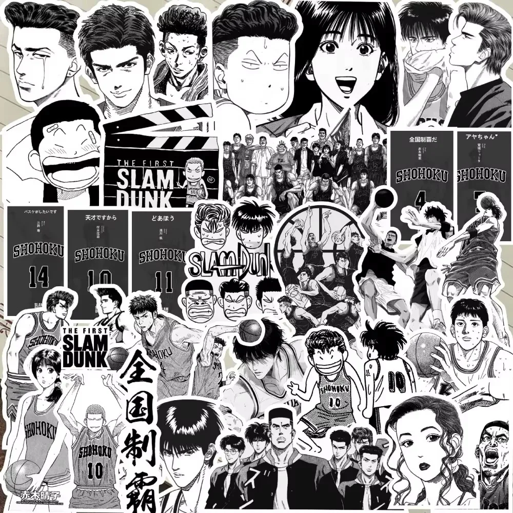 68 قطعة ملصقات Slam Dunk Anime باللونين الأبيض والأسود مقاومة للماء للكمبيوتر المحمول والدراجات النارية والأمتعة على الجليد وهدايا الثلاجة