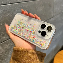Colorful Hearts Quicksand Case Cover for iPhone 16 15 14 13 Pro Max Glitter Floating Flakes Stars Shell Liquid Soft Clear Fundas