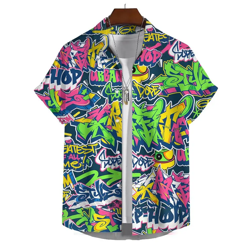 

Summer Men's Designer Shirts Colorful Graffiti 3D Print Hawaiian Blouse Short Sleeves Fashion Floral Oversized Retro Male Top