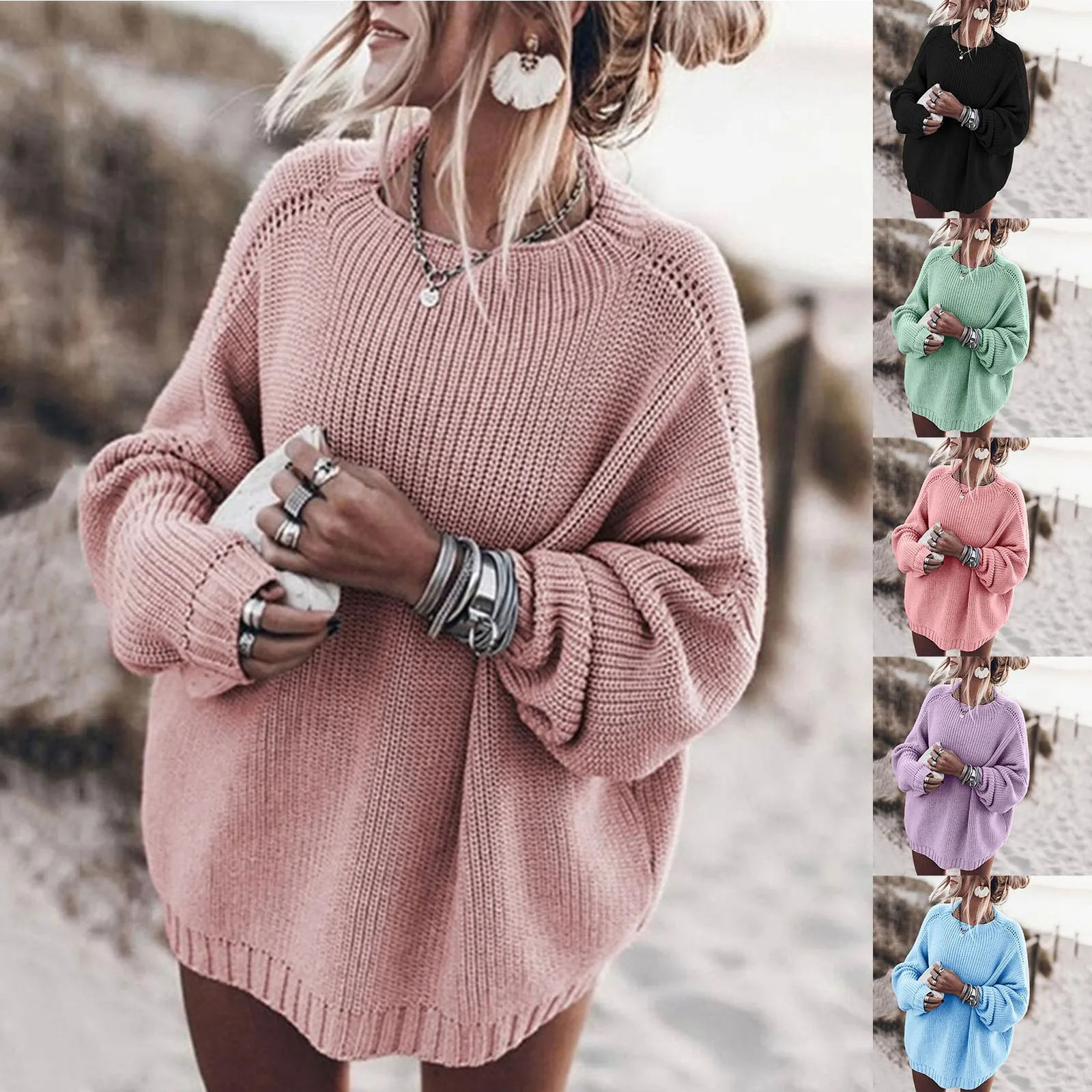 Moda oversized boho suéteres feminino 2024 outono inverno indie quente solto pullovers senhoras sólido o-pescoço manga longa malha topos