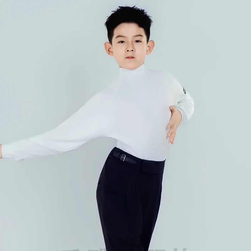 

2025 Children Latin Dance Practice Clothes Samba Chacha Tango Dress Long Sleeved High Neck Shirts Latin Dance Tops Boys DQS21151