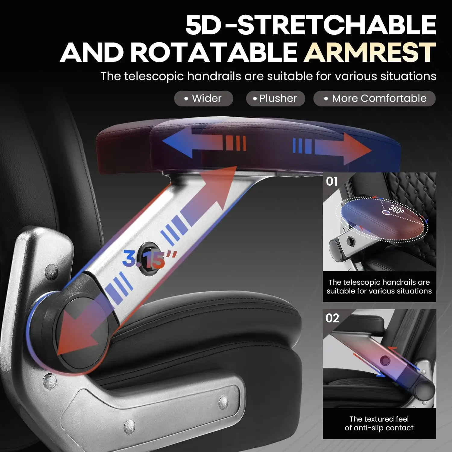 Cadeira de escritório resistente de 700LBS com braços 5D, cadeira de mesa executiva com encosto alto, suporte lombar ajustável, rodas duplas de borracha (preto