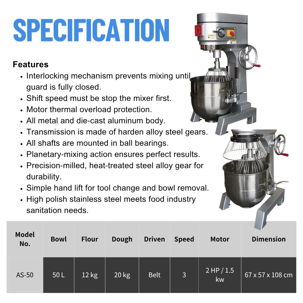 Commercial New 50L Electric Planetary Mixer 2200W 3-Speed Low Noise Adjustable Speed High Productivity Bakery Dough Production