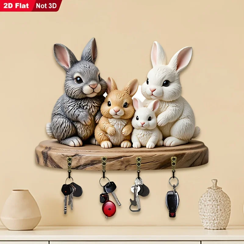 2D Flat, 1pc, Rabbit Theme Key Hook, Wooden Multifunctional Home Key Holder, with Four Metal Hooks, Wall Decoration, Porch