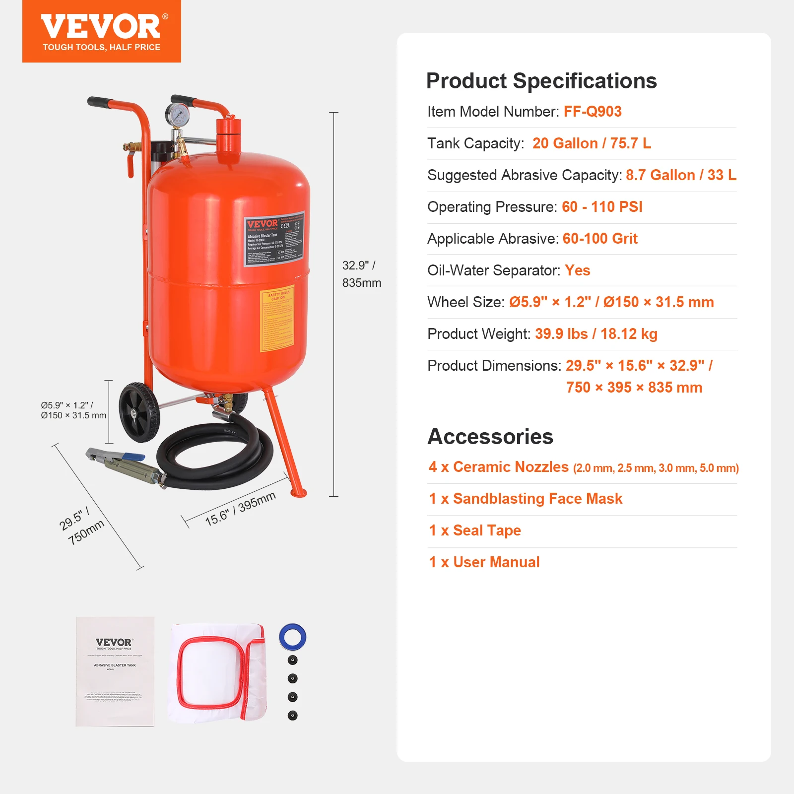 SucceBuy 5/10/20 gallon zandblaster 60-110 PSI draagbare luchtzandstraalset met olie-waterafscheider voor het verwijderen van verfvlekken en roest