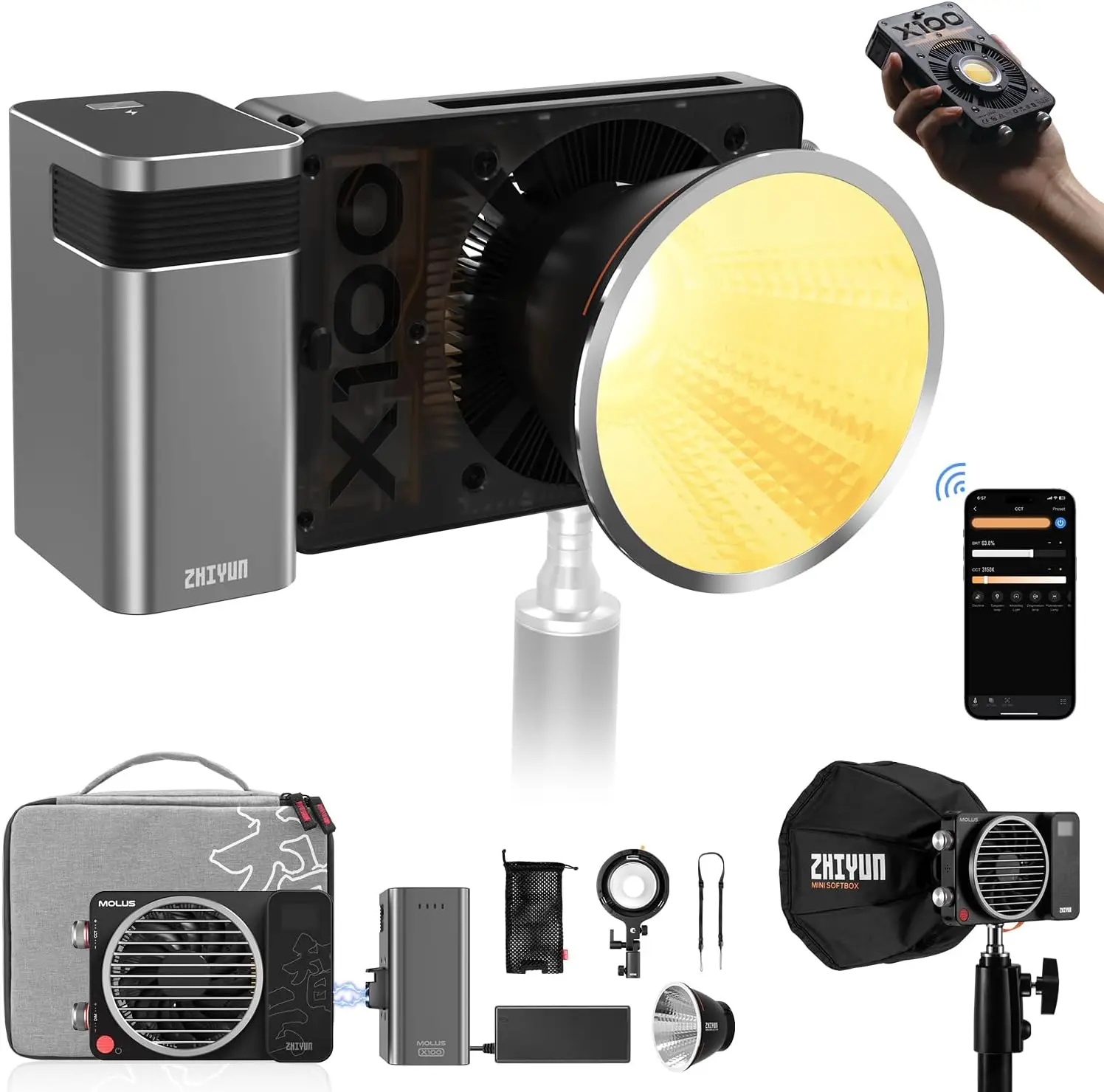 ZHIYUN MOLUS X100 LED Video Light,Portable 100W 2700K-6500K CRI 95+ TLCI 97+ with Bluetoot App Brightness Control