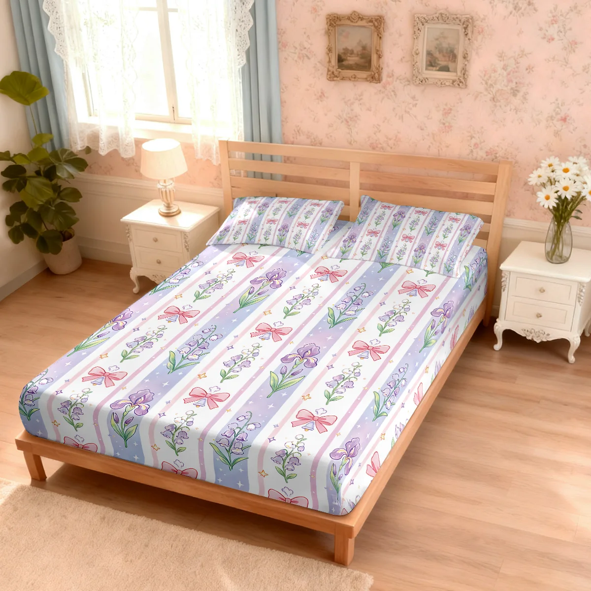3pcs Spring Bellflower Printed Coreless Bed Sheet Set Multi Size Soft Bed Cover Bedroom Bedding Decoration Washable