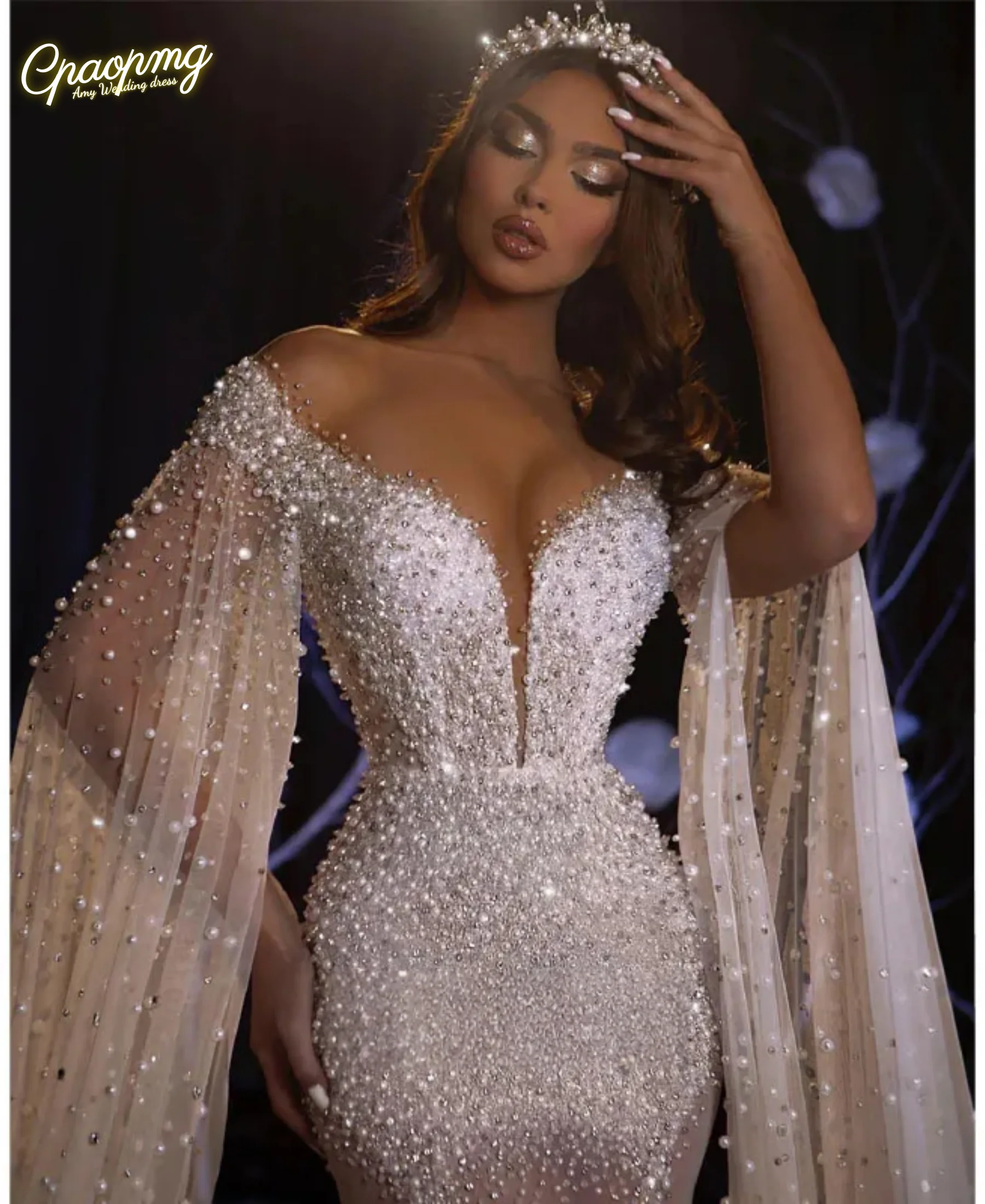 Customized Dress Sexy Long Sleeve Sequins White Pearl Maxi Long Mermaid Gowns Celebrity Elegant Evening Party Club Dress