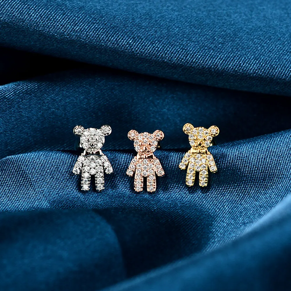 1Piece Fashion Sweet Crystal Flower Small Bear Stud Earrings  Women Cute Animal Piercing Earring For Teen Girls Accessories Gift