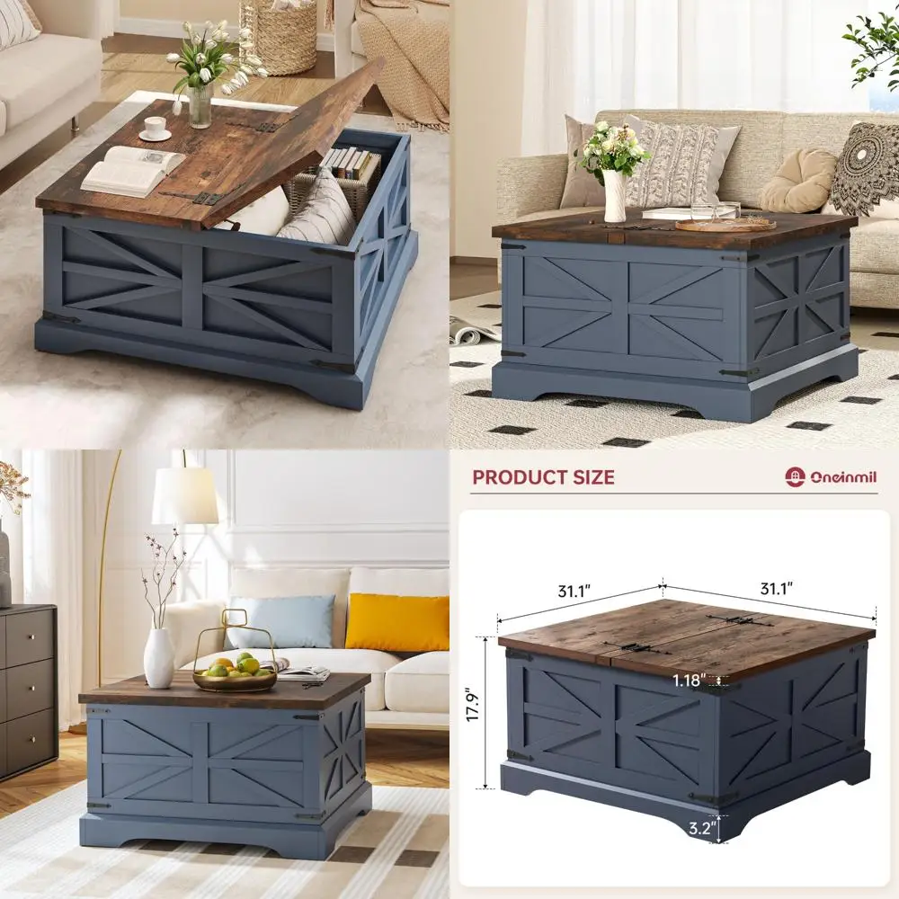 

Farmhouse Style Square Coffee Table with Ample Storage for Living Room