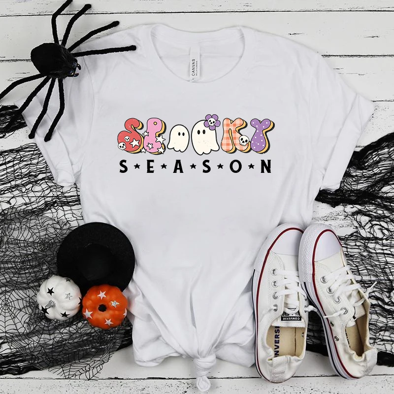 (Premium T-shirt)Halloween Boo Spooky Season Printed T-Shirts For Women Summer Tee Shirt Femme Casual Short Sleeve Round Neck